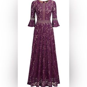 Vintage Full Lace Contrast Bell Sleeve Formal Long Dress
